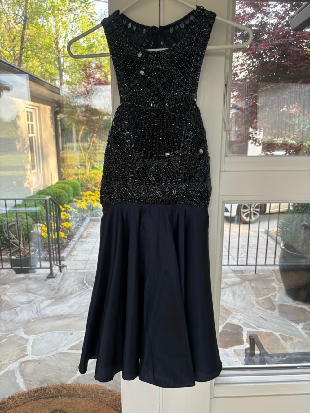 Sherri Hill Navy Beaded Evening Dress with Crystal Embellishment